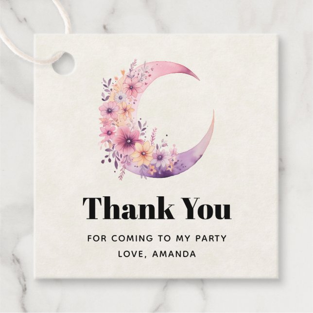 Rosa Crescent Måne med Söt Flowers Tack Gåvor Etiketter (Framsida)