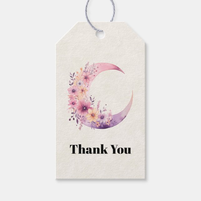 Rosa Crescent Måne med Söt Flowers Tack Presentetikett (Framsidan)