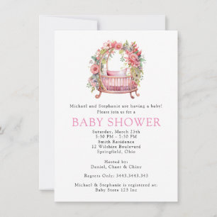 Rosa Crib Blommigt Girl Baby Shower Inbjudningar