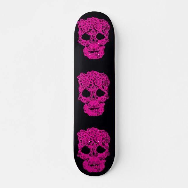 Rosa Crochet döskalle skateboard. Mini Skateboard Bräda 18,5 Cm (Framsida)