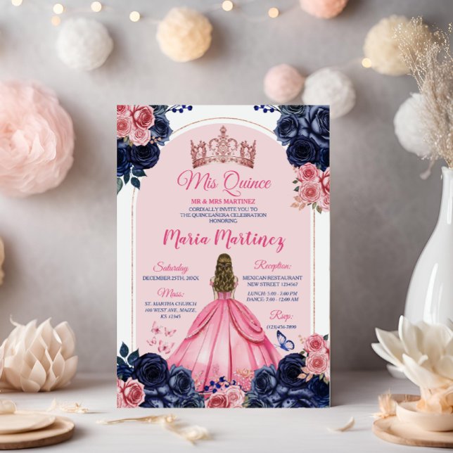 Rosa Crown & Navy Blue Floral Princess Mis Quince Inbjudningar (Skapare uppladdad)
