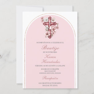 Rosa crucifix Baptism Spanska Inbjudningar