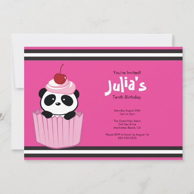 Rosa Cupaka Panda Födelsedagsfest inbjudan (Framsida)