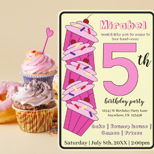 Rosa Cupcake 5-årsfest för barn Inbjudningar