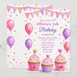 Rosa Cupcake 7-årsfest Inbjudningar