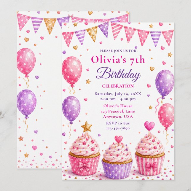 Rosa Cupcake 7-årsfest Inbjudningar (Fram/baksida)