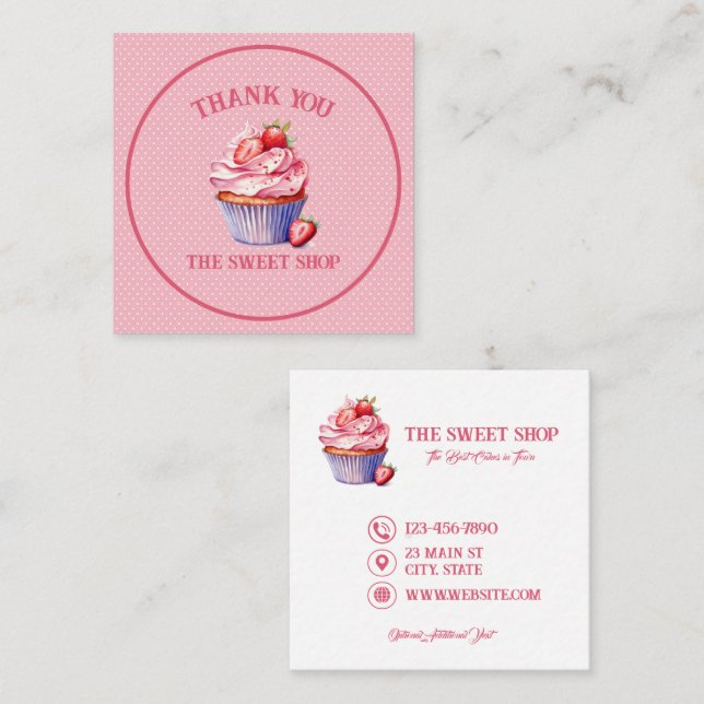 Rosa Cupcake Bageri Visitenkort | Redigerbar Text Fyrkantigt Visitkort (Fram/baksida)