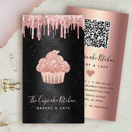 Rosa Cupcake Glitterdropp QR-kod Bageri på Svart Visitkort