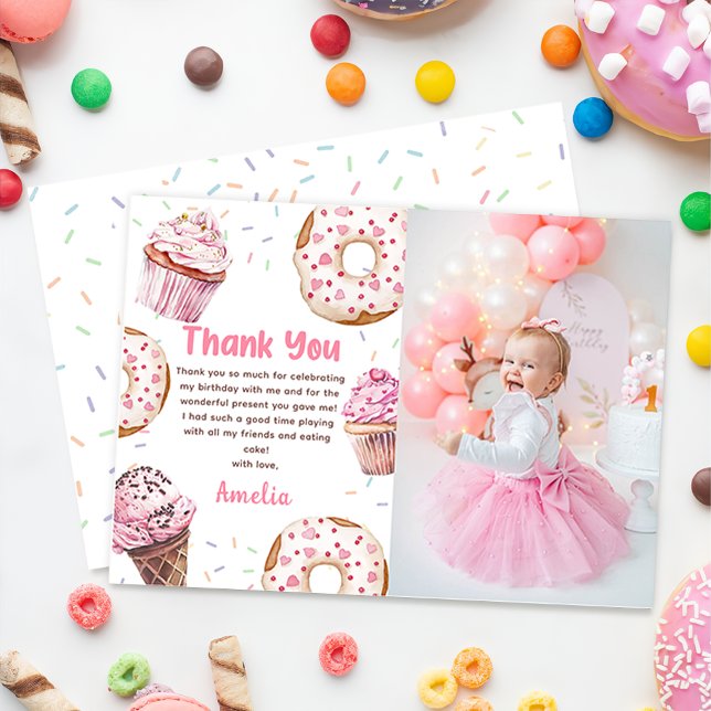 Rosa Cupcake & Munk Födelsedags Foto Tacksamhetsko Tack Kort (Skapare uppladdad)