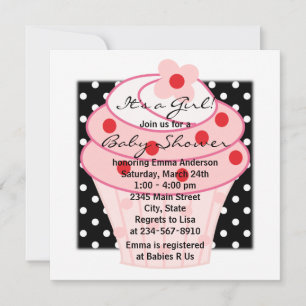 Rosa Cupcake Rosa Svarta Prickar Bebis Shower Inbjudningar