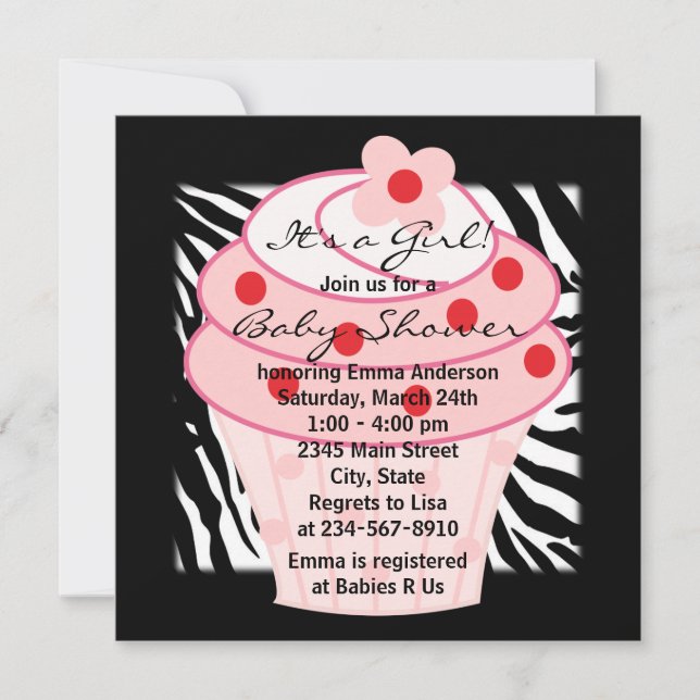 Rosa Cupcake Rosa Zebra Bebis Shower Inbjudningar (Framsida)