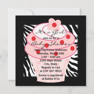 Rosa Cupcake Rosa Zebra Bebis Shower Inbjudningar