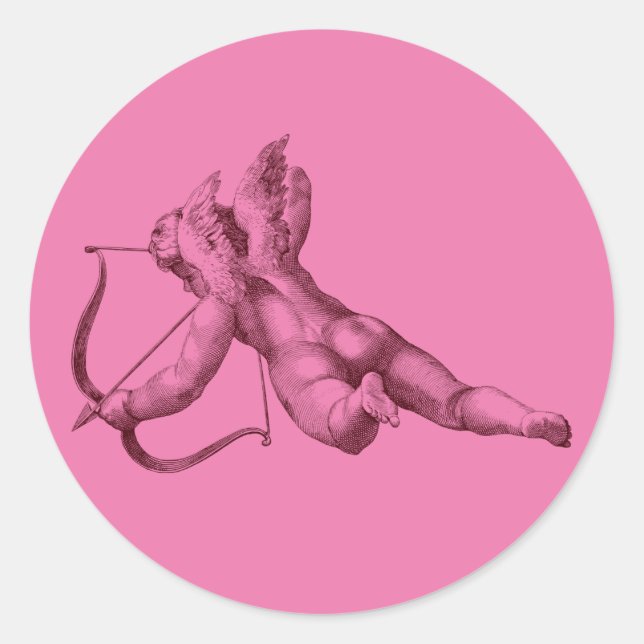 Rosa Cupid Angel Valentindagsetikett Runt Klistermärke (Framsida)
