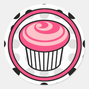 Rosa Cupkaka Birthday Sticker - Black Polka Dot Runt Klistermärke