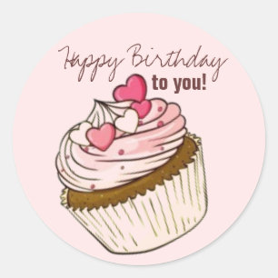 Rosa Cupkaka Birthday Sticker Runt Klistermärke