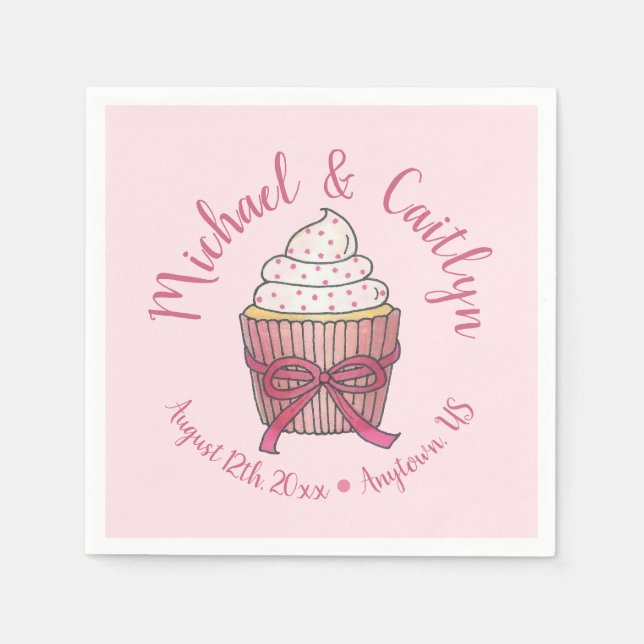 Rosa Cupkaka Bow Sprinkles Bröllop Möhippa Pappersservett (Framsidan)