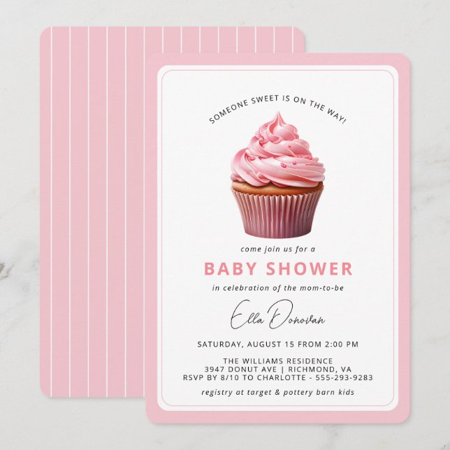 Rosa Cupkaka Cute Pastel Dessert Girl Baby Shower Inbjudningar (Fram/baksida)
