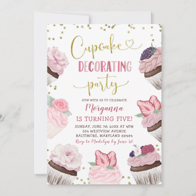 Rosa Cupkaka Decorating Party Birthday Investigati Inbjudningar (Framsida)
