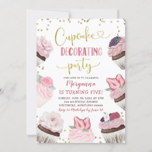 Rosa Cupkaka Decorating Party Birthday Investigati Inbjudningar