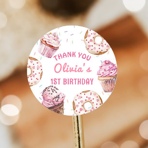 Rosa Cupkaka Donut Birthday Sticker Runt Klistermärke