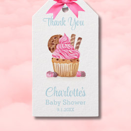 Rosa-cupkaka med Chocolate Baby Shower-Tack Presentetikett