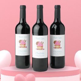 Rosa-cupkaka med Chocolate Baby Shower-Tack Vinflaska Etikett