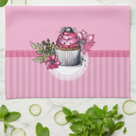 Rosa Cupkaka med Flowers Kitchen Towel Kökshandduk
