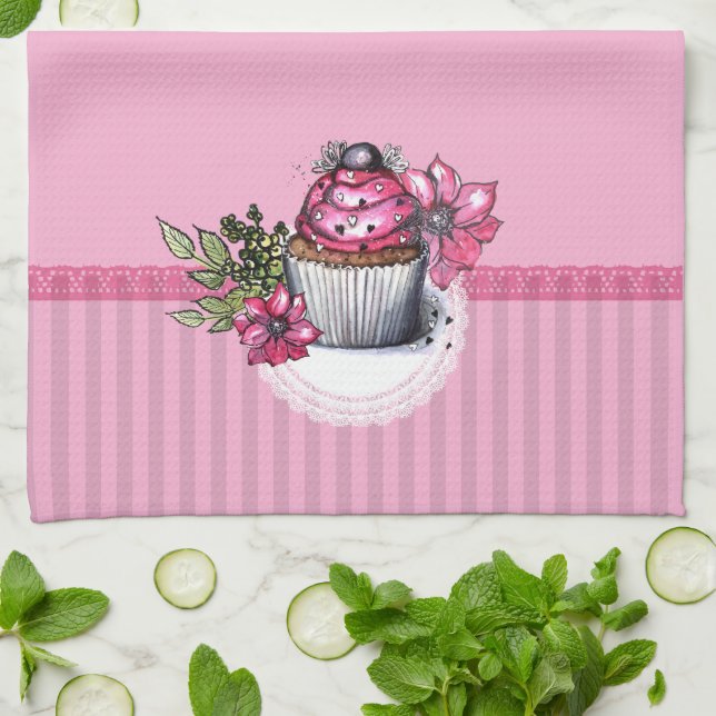 Rosa Cupkaka med Flowers Kitchen Towel Kökshandduk (Vikta)