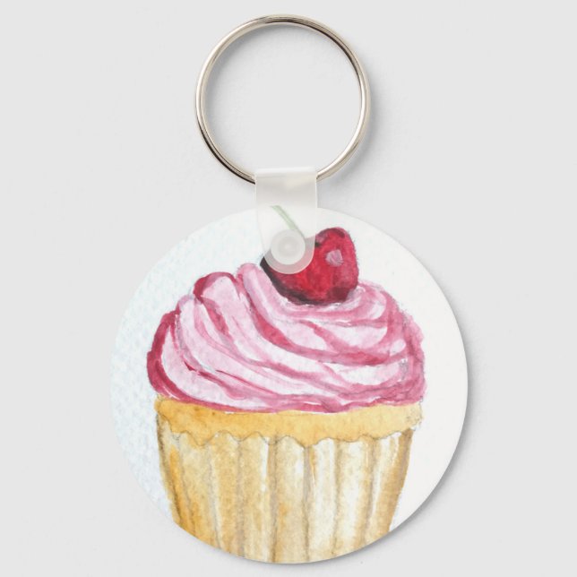 Rosa cupkaka med körsbär nyckelring (Framsida)