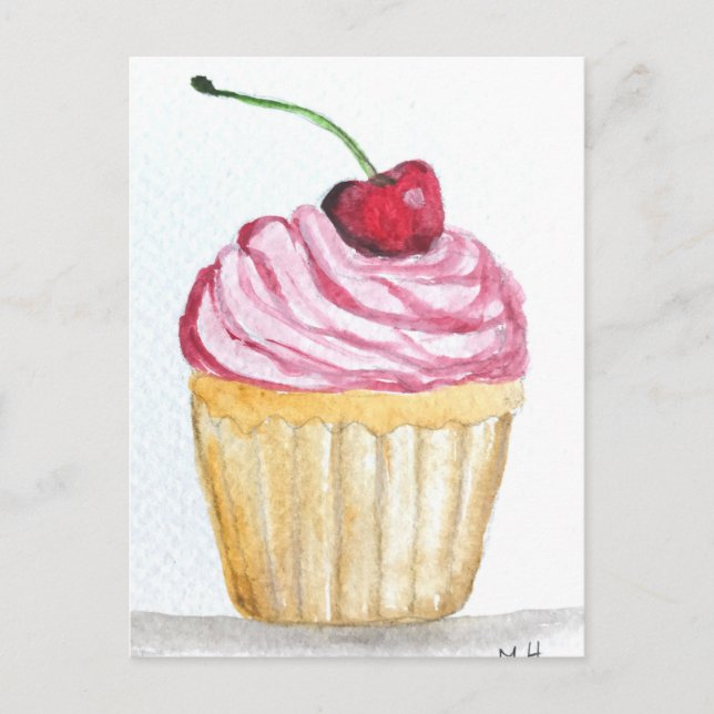Rosa cupkaka med körsbär vykort (Framsida)