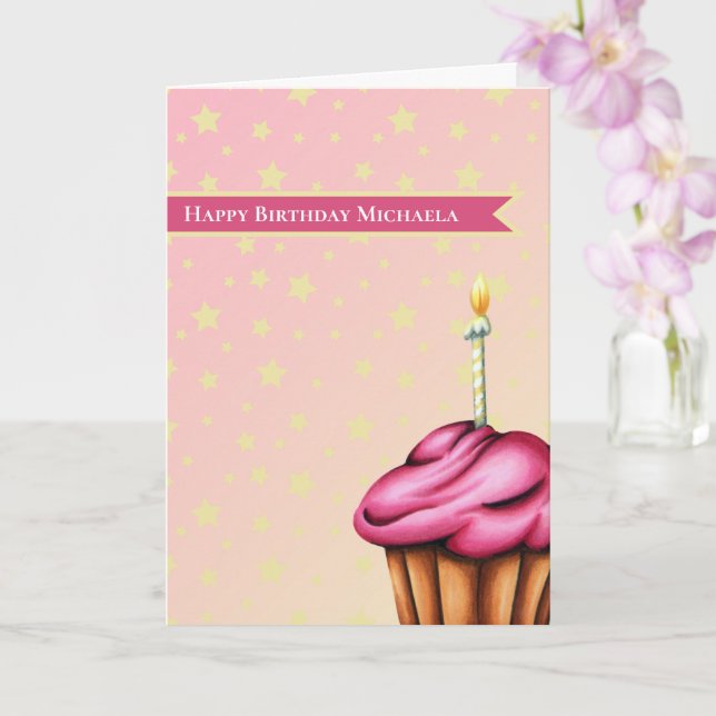 Rosa Cupkaka med ljus Personlig födelsedag Kort (Orkide)
