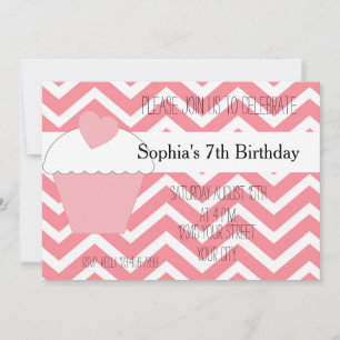 Rosa Cupkaka och Chevron Birthday Inbjudningar
