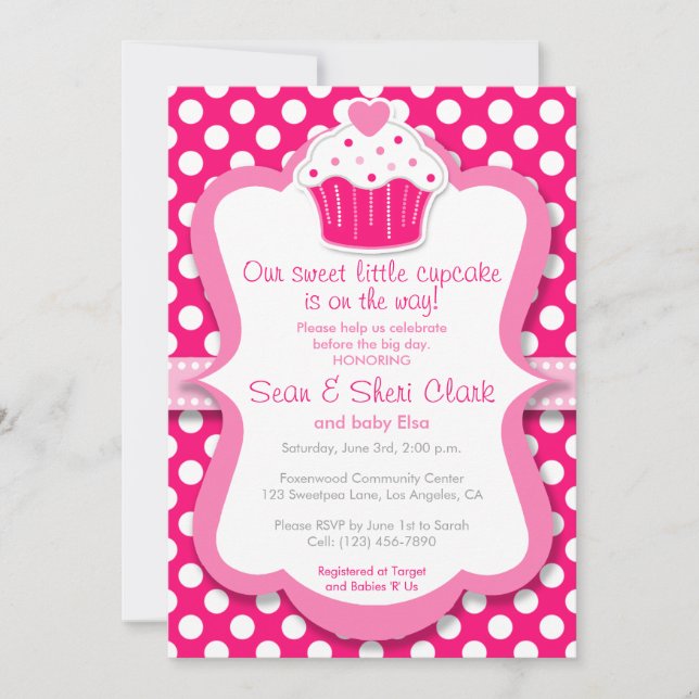 Rosa Cupkaka Polka Dot Girl Baby Shower-inbjudan Inbjudningar (Framsida)