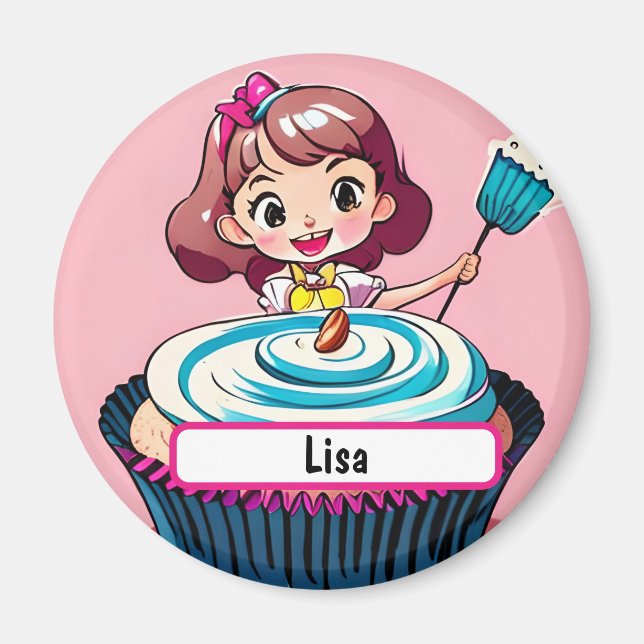 Rosa Cupkaka Princess med Anpassade Nametag Magnet (Framsidan)