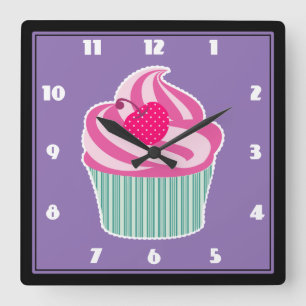 Rosa Cupkaka WIth Polka Dot Cherry Fyrkantig Klocka