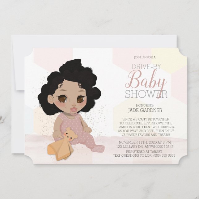 Rosa Curly Hair Drive by Baby Shower bjudan 4 Inbjudningar (Framsida)