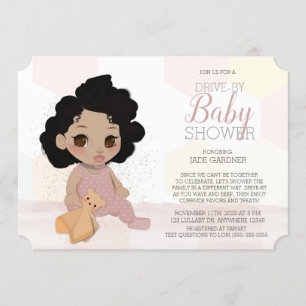 Rosa Curly Hair Drive by Baby Shower bjudan 4 Inbjudningar