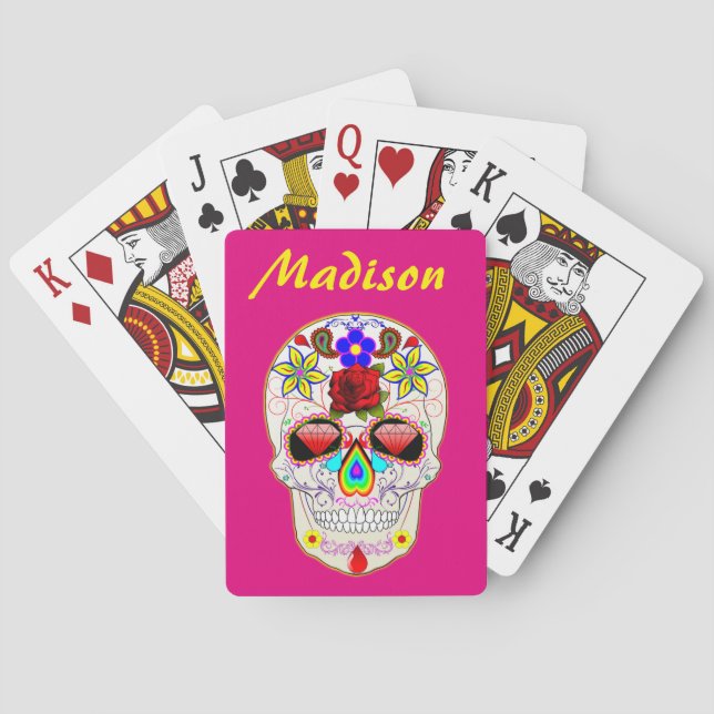 Rosa Custom Name Sugar Skull Mexikanska konsten Casinokort (Baksidan)