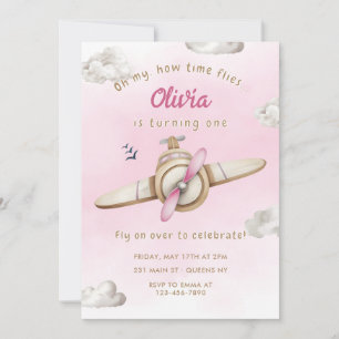 Rosa Cute Airplan My Time Flies Girl Birday Inbjudningar
