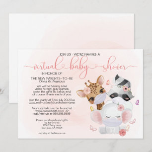 Rosa Cute Animals i Mask Virtuell Baby Shower Inbjudningar