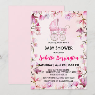 Rosa Cute baby barnvagn blommor, babyduschbarn Inbjudningar