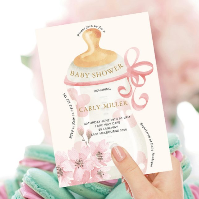 Rosa Cute Baby Flaska Baby Shower Inbjudningar (Skapare uppladdad)