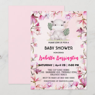 Rosa Cute baby hippo blommigt babyduschunge Inbjudningar