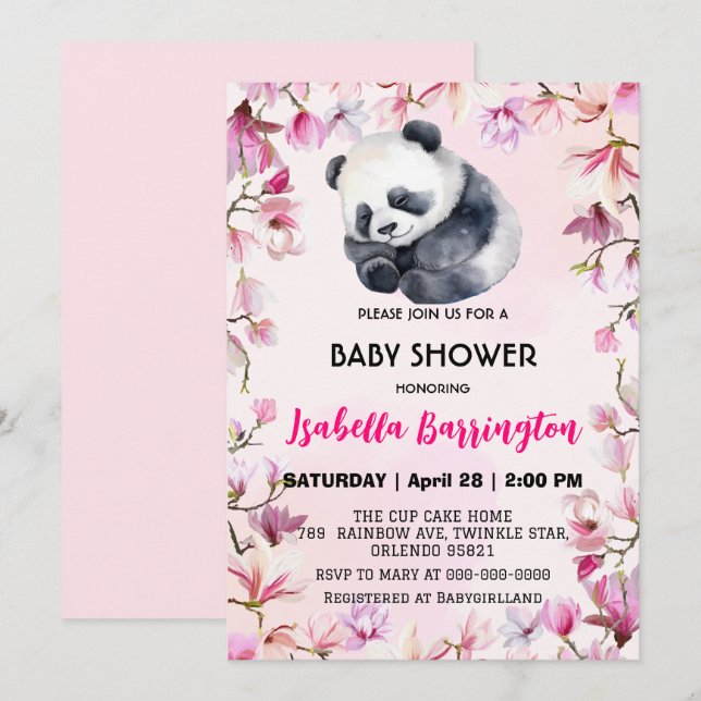 Rosa Cute baby Panda-blommor, babyduschbarn Inbjudningar (Fram/baksida)