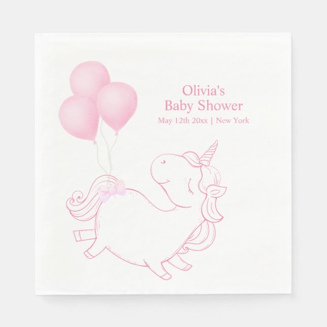 Rosa Cute Balloon Unicorn Baby Shower Pappersservett (Framsidan)