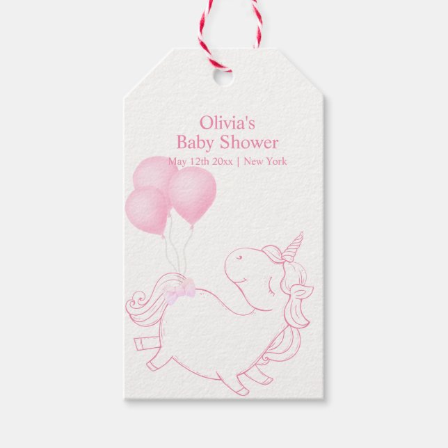 Rosa Cute Balloon Unicorn Baby Shower Presentetikett (Framsidan)