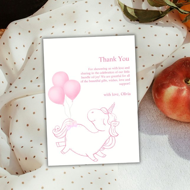 Rosa Cute Balloon Unicorn Baby Shower Tack Kort (Pink Cute Balloon Unicorn Baby Shower Thank You Card)