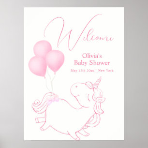Rosa Cute Balloon Unicorn Baby Shower Välkommen Poster