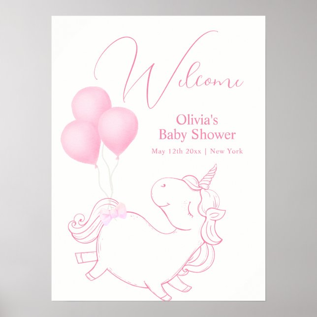 Rosa Cute Balloon Unicorn Baby Shower Välkommen Poster (Framsidan)
