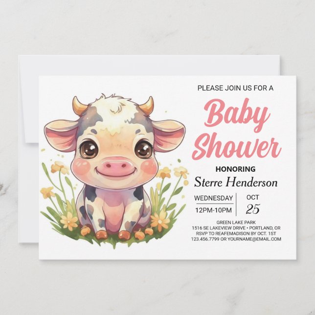 Rosa Cute Barnyard Cow Baby Shower Inbjudningar (Framsida)